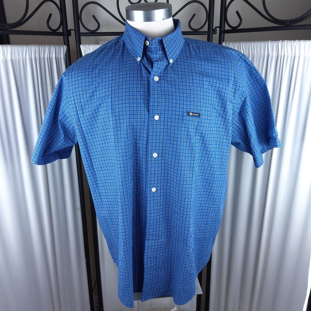Chaps Easy Care Short Sleeve Casual Button Down Shirt, Blue Striped,‎ Men's XL